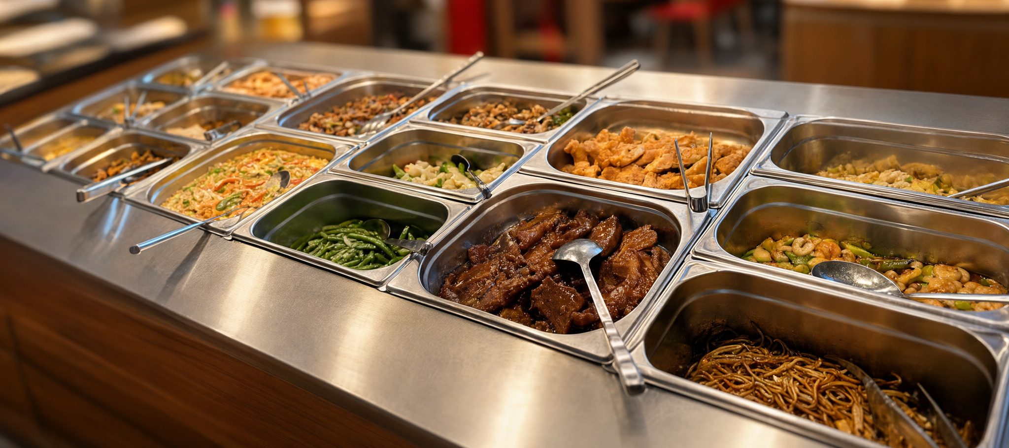 Die Buffettheke mit warmen Speisen in Edelstahlschalen: Hähnchen, Rindfleisch, Garnelen, Nudeln und Gemüse