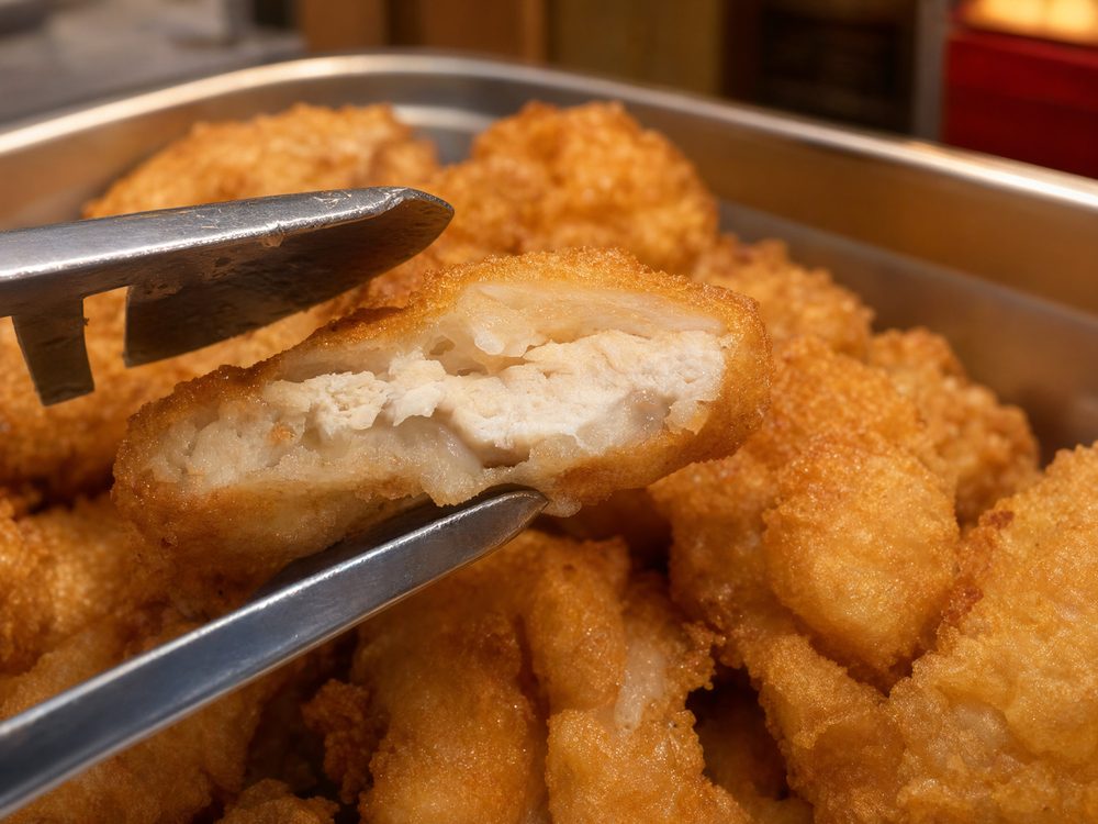 Knusprig frittierte Stücke, mit der Zange serviert